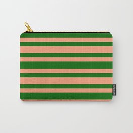[ Thumbnail: Dark Green & Light Salmon Colored Striped/Lined Pattern Carry-All Pouch ]