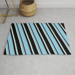 [ Thumbnail: Sky Blue, Beige, Black, and Grey Colored Stripes Pattern Rug ]