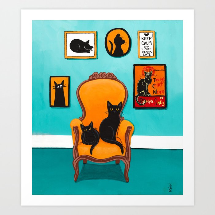 Black Cat in the Turquoise Room Art Print