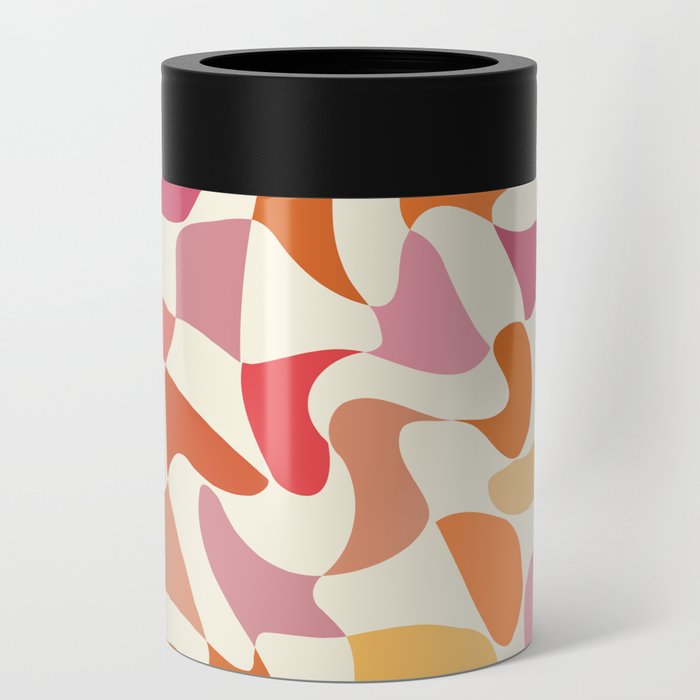 Abstract Wavy Checkerboard in Orange, Pink & Yellow Can Cooler