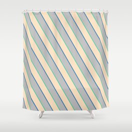 [ Thumbnail: Aquamarine, Bisque, Blue, and Grey Colored Lines Pattern Shower Curtain ]