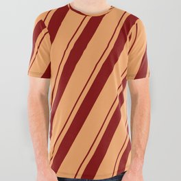 [ Thumbnail: Brown & Maroon Colored Lined Pattern All Over Graphic Tee ]