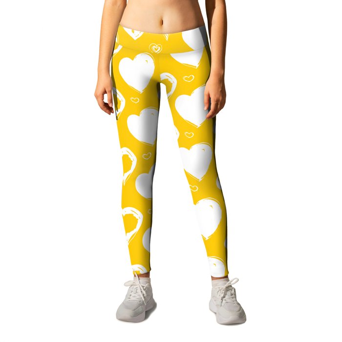 Handdrawn Hearts (Yellow/White): an exciting, fresh, fun pattern to light up your day Leggings