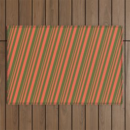 [ Thumbnail: Red and Dark Olive Green Colored Stripes Pattern Outdoor Rug ]
