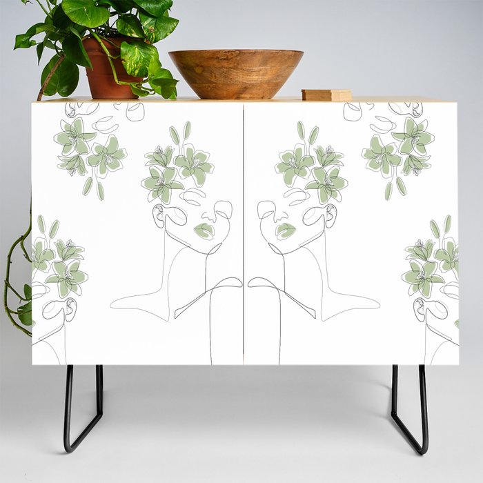 Matcha Lily Girl / Portrait drawing of a woman with flowers on her head Credenza
