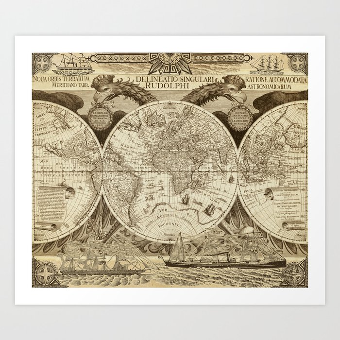 Antique world map with sail ships, sepia Art Print