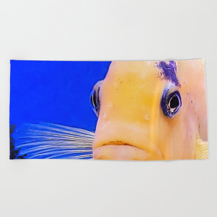 Yellow Fish Face Beach Towel by Denrobcat Creations