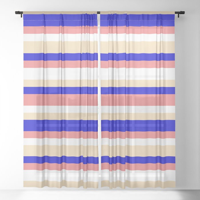 Blue, Light Coral, White & Tan Colored Lined/Striped Pattern Sheer Curtain