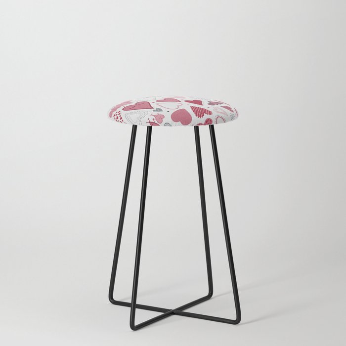 Hand drawn pacific pink and red doodle hearts pattern. Counter Stool