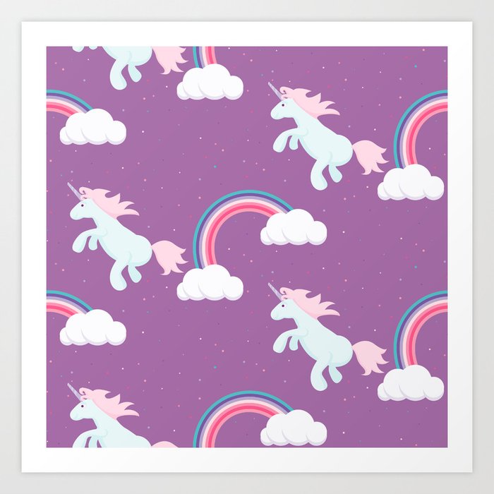 Cute Cartoon Unicorn With Rainbow And Clouds Art Print By Inides