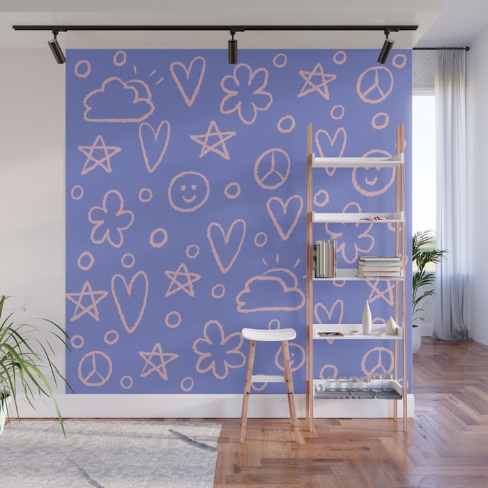 Girly Whiteboard Doodles - purple blue and light pink Wall Mural