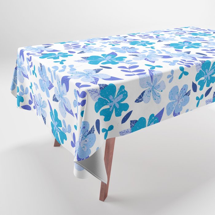 Jumbo Tropical Blue and Indigo Hibiscus Floral Repeat on White Tablecloth