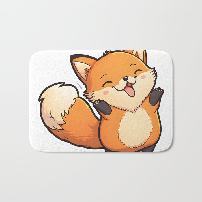 Kawaii Cute Red Fox Smiling and Playing Bath Mat