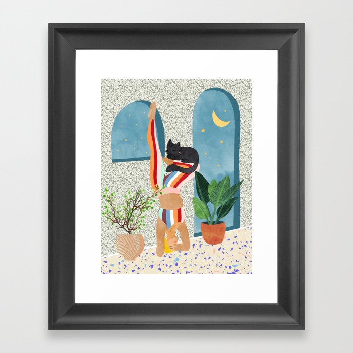 Headstand, Cat Yoga, Active Woman Workout, Eclectic Colorful Pets Terrazzo Framed Art Print