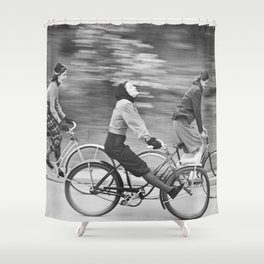 Women Riding Bicycles black and white photography / black and white photographs Shower Curtain