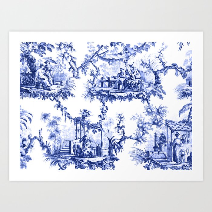 Blue Chinoiserie Toile Art Print by The Chinoiserie Pavillion
