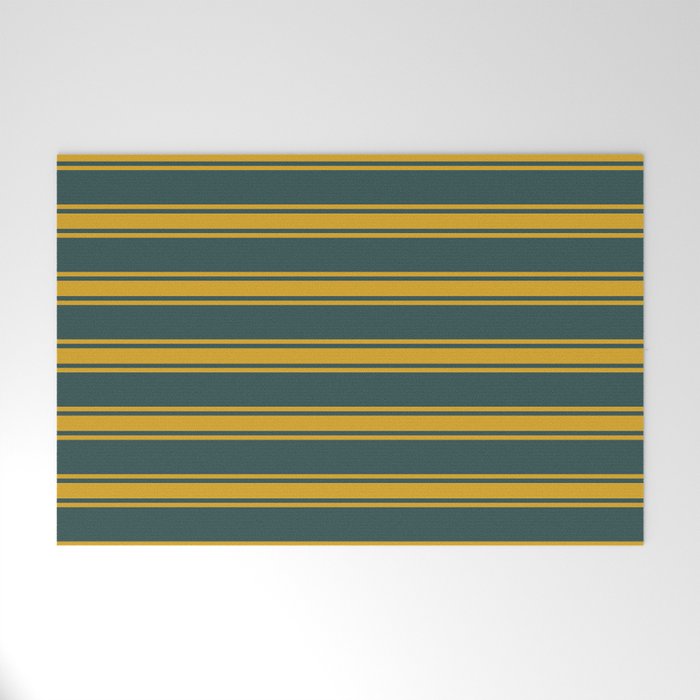 Dark Slate Gray & Goldenrod Colored Pattern of Stripes Welcome Mat