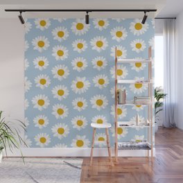 Little White Daisies and Sky Blue Background Wall Mural