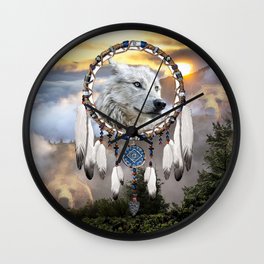 Wolf, Bear and Dream Catcher Wall Clock | Wolves, Woods, Wolf, Trees, Sunrise, Nature, Bear, Wildanimals, Forest, Mountains 