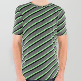 [ Thumbnail: Dim Gray, Light Green & Black Colored Lined/Striped Pattern All Over Graphic Tee ]