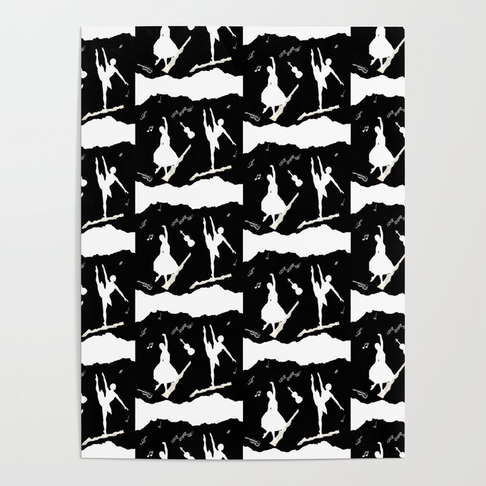 Two ballerina figures in white on black paper Poster