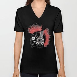 Punk skull with mohawk hairstyle listens to music V Neck T Shirt