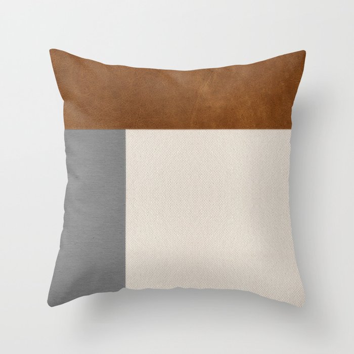 Scandinavian Modern Linen & Faux Leather - Dark Grey Throw Pillow
