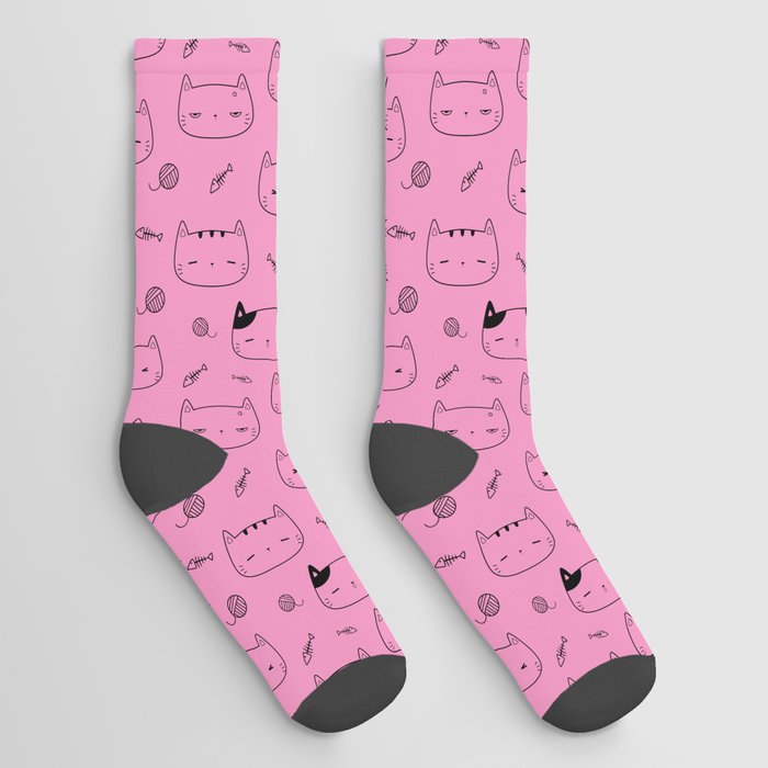 Pink and Black Doodle Kitten Faces Pattern Socks