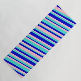 [ Thumbnail: Turquoise, Blue, and Pink Colored Lined/Striped Pattern Yoga Mat ]
