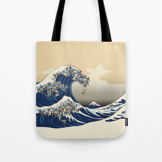 The Great Wave of Pugs Vanilla Sky Tote Bag