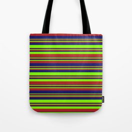 [ Thumbnail: Chartreuse, Red, and Midnight Blue Colored Striped Pattern Tote Bag ]