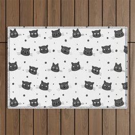 Cute cat faces and dots pattern in grey and white Outdoor Rug