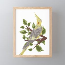  cockatoo nymph bird on branch with green leaves Framed Mini Art Print