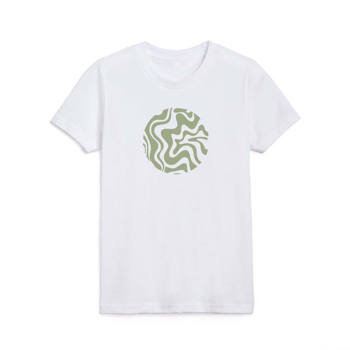 Liquid Swirl Retro Abstract Pattern in Sage Green and Light Sage Gray Kids T Shirt