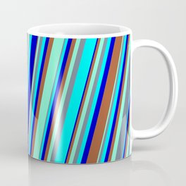 [ Thumbnail: Colorful Aquamarine, Slate Gray, Cyan, Blue & Sienna Colored Striped/Lined Pattern Coffee Mug ]