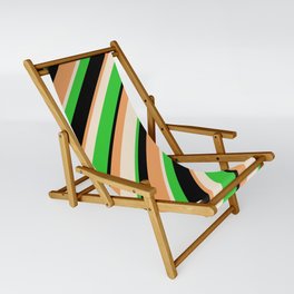[ Thumbnail: Beige, Lime Green, Black & Brown Colored Stripes Pattern Sling Chair ]