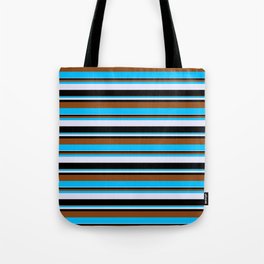 [ Thumbnail: Brown, Deep Sky Blue, Lavender, and Black Colored Pattern of Stripes Tote Bag ]