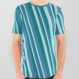 [ Thumbnail: Turquoise, Teal, and Blue Colored Lined/Striped Pattern All Over Graphic Tee ]