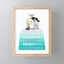 Teal fashion books with perfume bottle and make up brushes by Amanda Greenwood Framed Mini Art Print