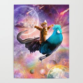 Galaxy Space Cat Riding Chicken - Rainbow Poster