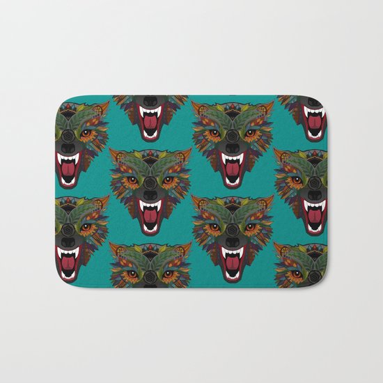 wolf fight flight teal Bath Mat