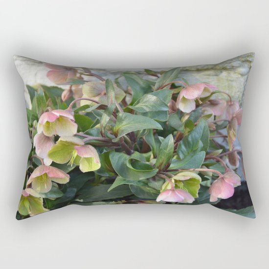 Pink flowers against an old brick wall Rectangular Pillow