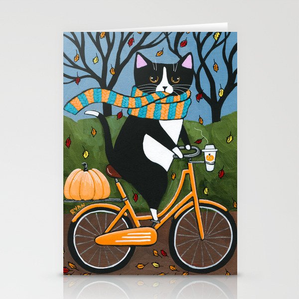 Tuxedo Cat Autumn Bicycle Ride Stationery Cards