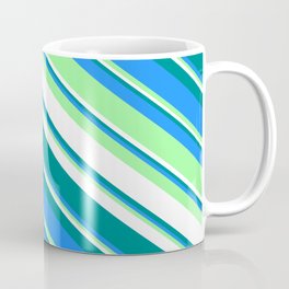 [ Thumbnail: Dark Cyan, Blue, Green & White Colored Striped Pattern Coffee Mug ]