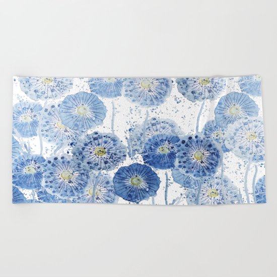 blue indigo dandelion pattern watercolor Beach Towel