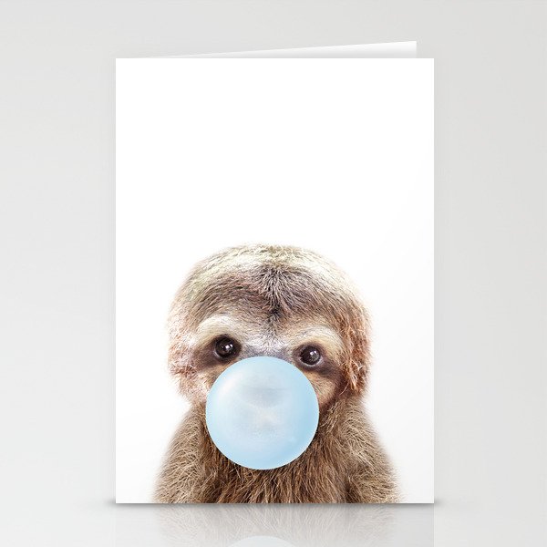 Baby Sloth Blowing Blue Bubble Gum, Kids, Baby Boy, Baby Animals Art Print by Synplus Stationery Cards