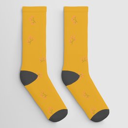 Branches With Red Berries Seamless Pattern on Mustard Background Socks