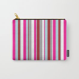 [ Thumbnail: Eye-catching White, Dark Gray, Brown, Powder Blue & Deep Pink Colored Lines/Stripes Pattern Carry-All Pouch ]