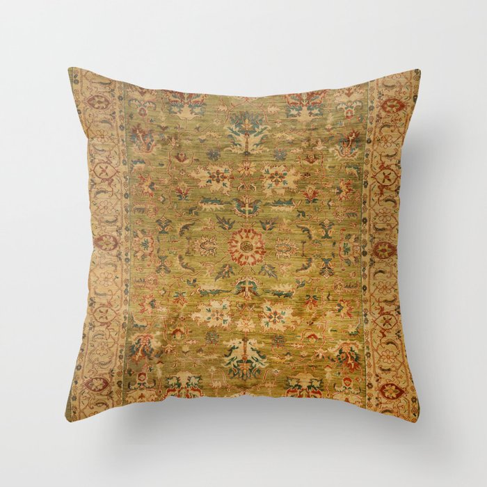 Persian 19th Century Authentic Colorful Muted Green Yellow Blue Vintage Patterns Throw Pillow