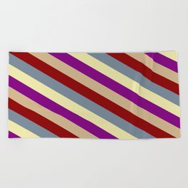 [ Thumbnail: Vibrant Pale Goldenrod, Purple, Tan, Dark Red & Light Slate Gray Colored Striped Pattern Beach Towel ]